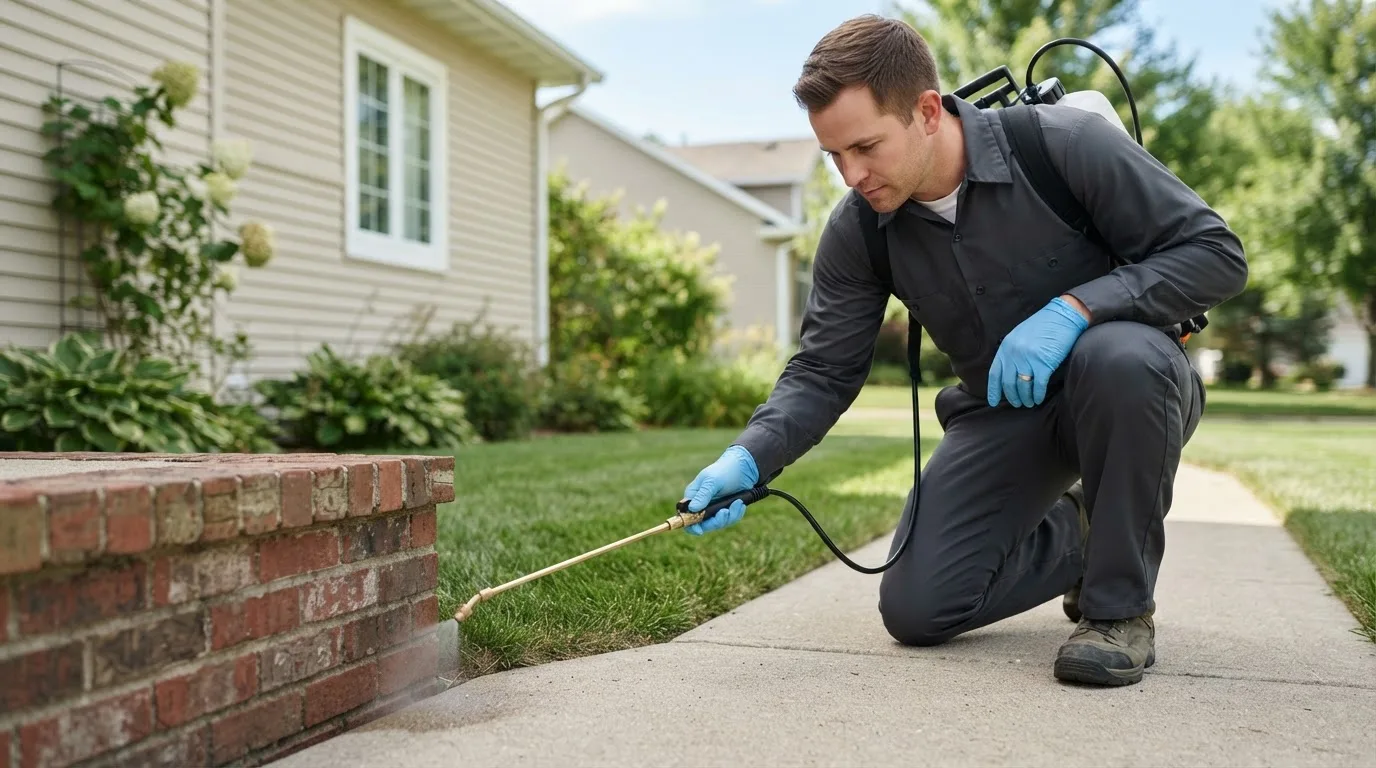 Pest control technician treating a home near Grayling, AK